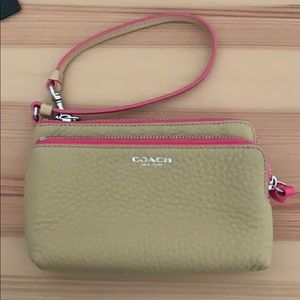 Coach khaki and pink wristlet